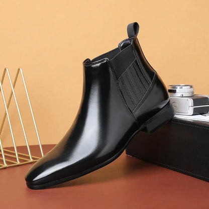 Sleek Chelsea-style boots for men with pointed toe and square heel, available in black and brown colors