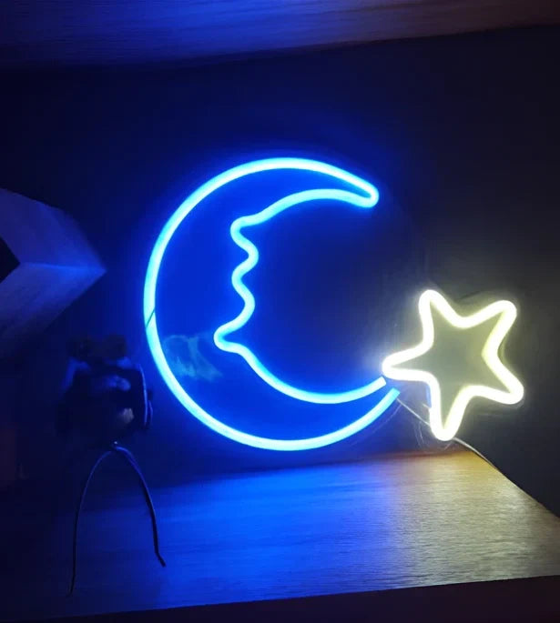 LED neon decorative light with acrylic back panel showing USB power connection and multiple design options
