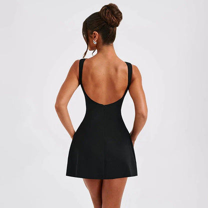 Fashionable backless summer dress in various colors, featuring a sleek silhouette, high-waist design, and chic style.