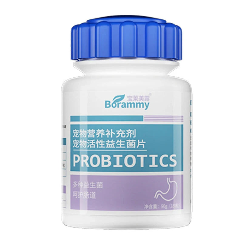 Bottle containing 180 chewable probiotic tablets for pet digestive health, each tablet measuring 1.5cm