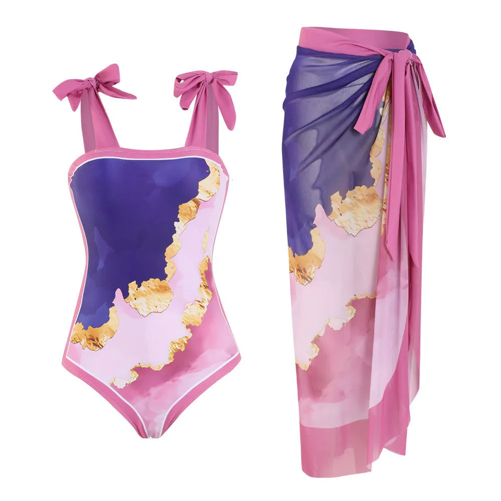 Floral mesh tube top conservative swimsuit with matching skirt in pink print