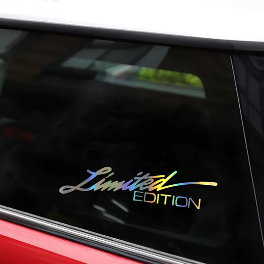 Black laser reflective car sticker with text design on PET material.