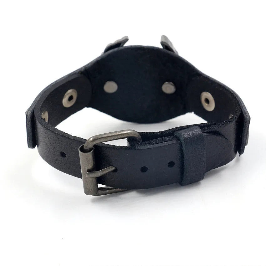 Black geometric leather bracelet with an alloy eagle watch-button style closure.