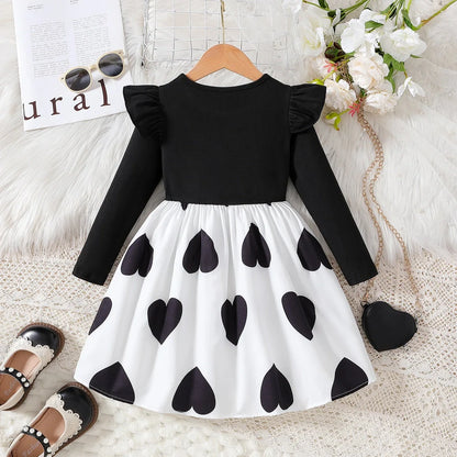 Black Korean-style princess dress with cartoon pattern and long sleeves for girls