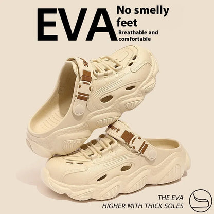 Men's khaki outdoor slippers with hollow-out design and textured EVA sole on a wooden deck