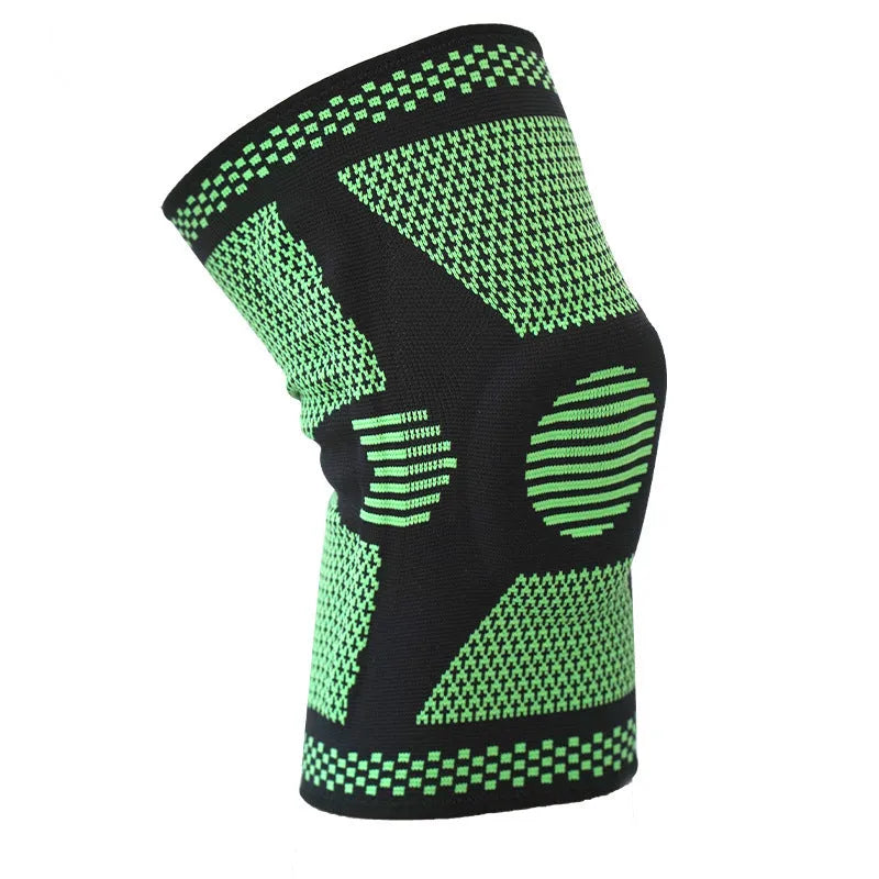 Polyamide silicone spring knee pads in blue, green, orange, and white colours shown in L, M, and XL sizes.