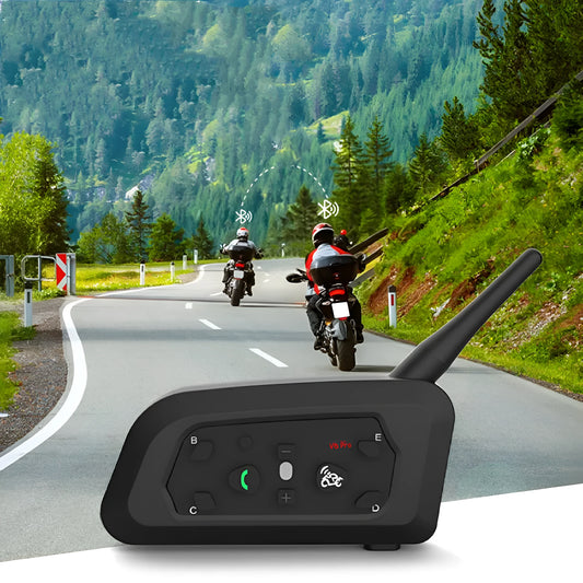 V6 Pro motorcycle helmet Bluetooth intercom unit with mounting hardware and headphones
