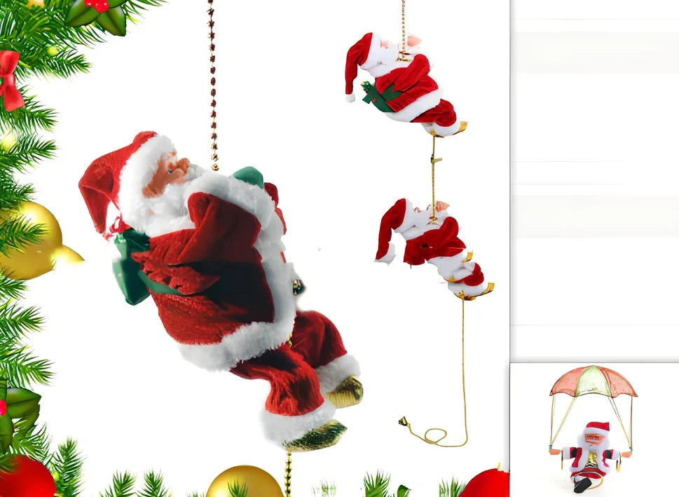 Electric plastic Santa Claus on 30cm climbing ladder with riding deer, in red suit, for Christmas decorations