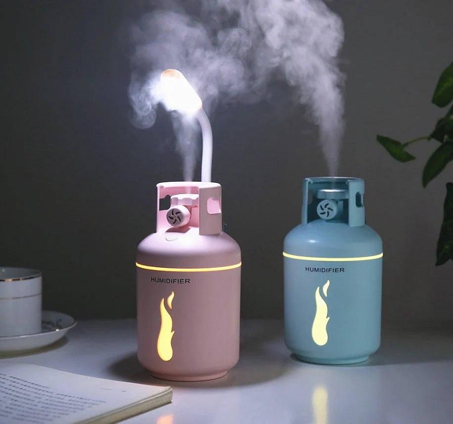 Compact USB-powered humidifier with 300ML water tank in pink, blue, or white