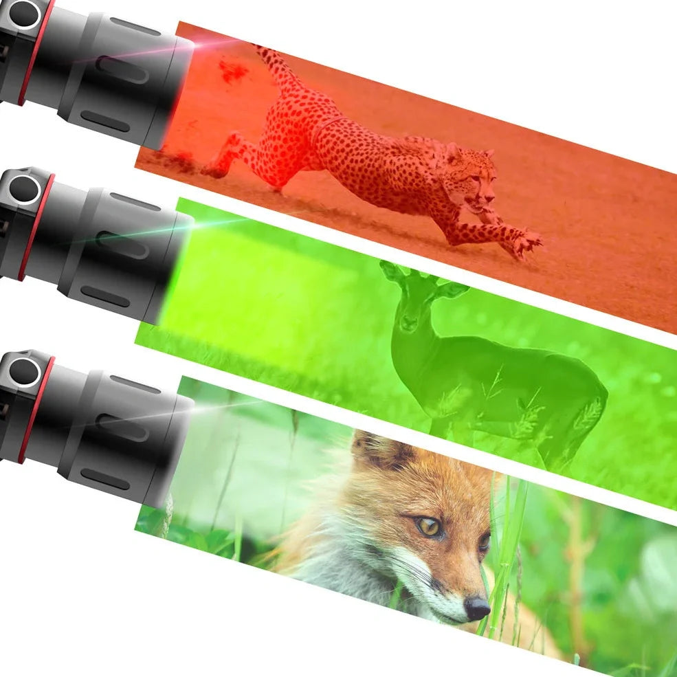 T6 LED headlamp with zoomable beam, showing white, green, and red light options, on a head strap