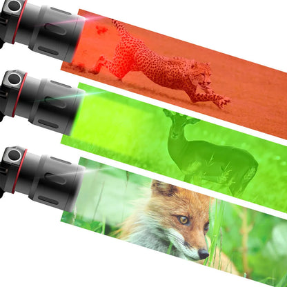 Black T6 LED zoom headlamp showing white, red, and green light LEDs on an adjustable head strap.