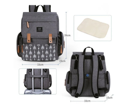 LAND Mommy large grey diaper backpack with changing mat, shown as a travel nappy bag.
