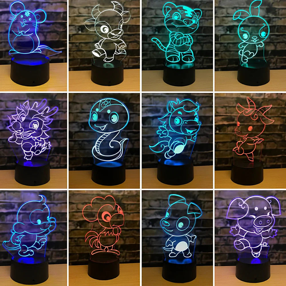 Zodiac LED night light with touch control showing dragon design and seven colour illumination options