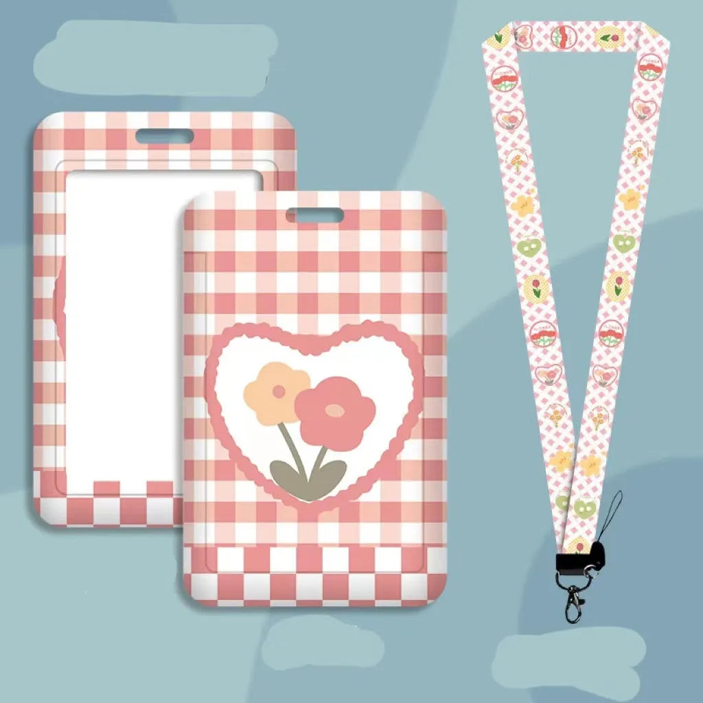 Student ID card set with plastic sleeve and neck strap in cartoon designs