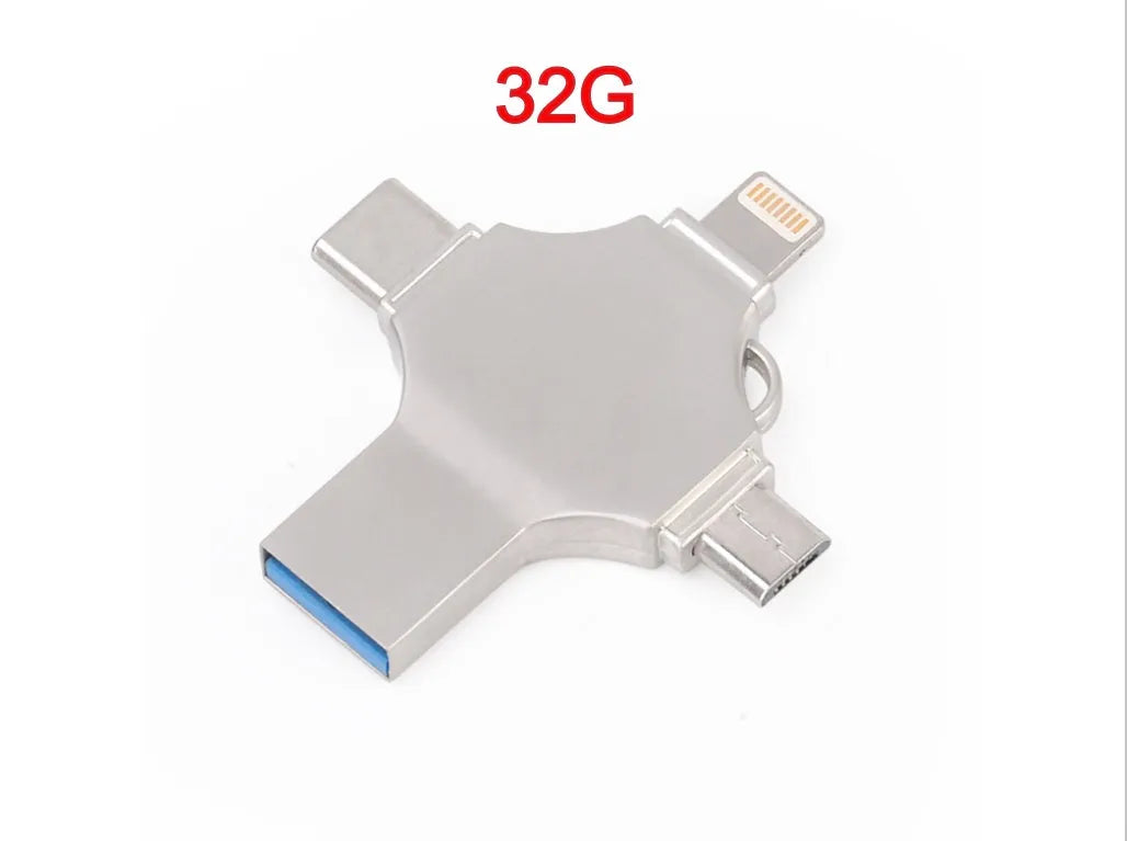 Metal mobile phone U disk with 4-in-1 iOS, Micro USB, Type-C and USB 3.0 connectors, 11g, in Silver