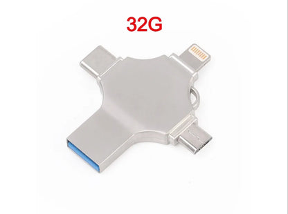 Metal mobile phone U disk with 4-in-1 iOS, Micro USB, Type-C and USB 3.0 connectors, 11g, in Silver