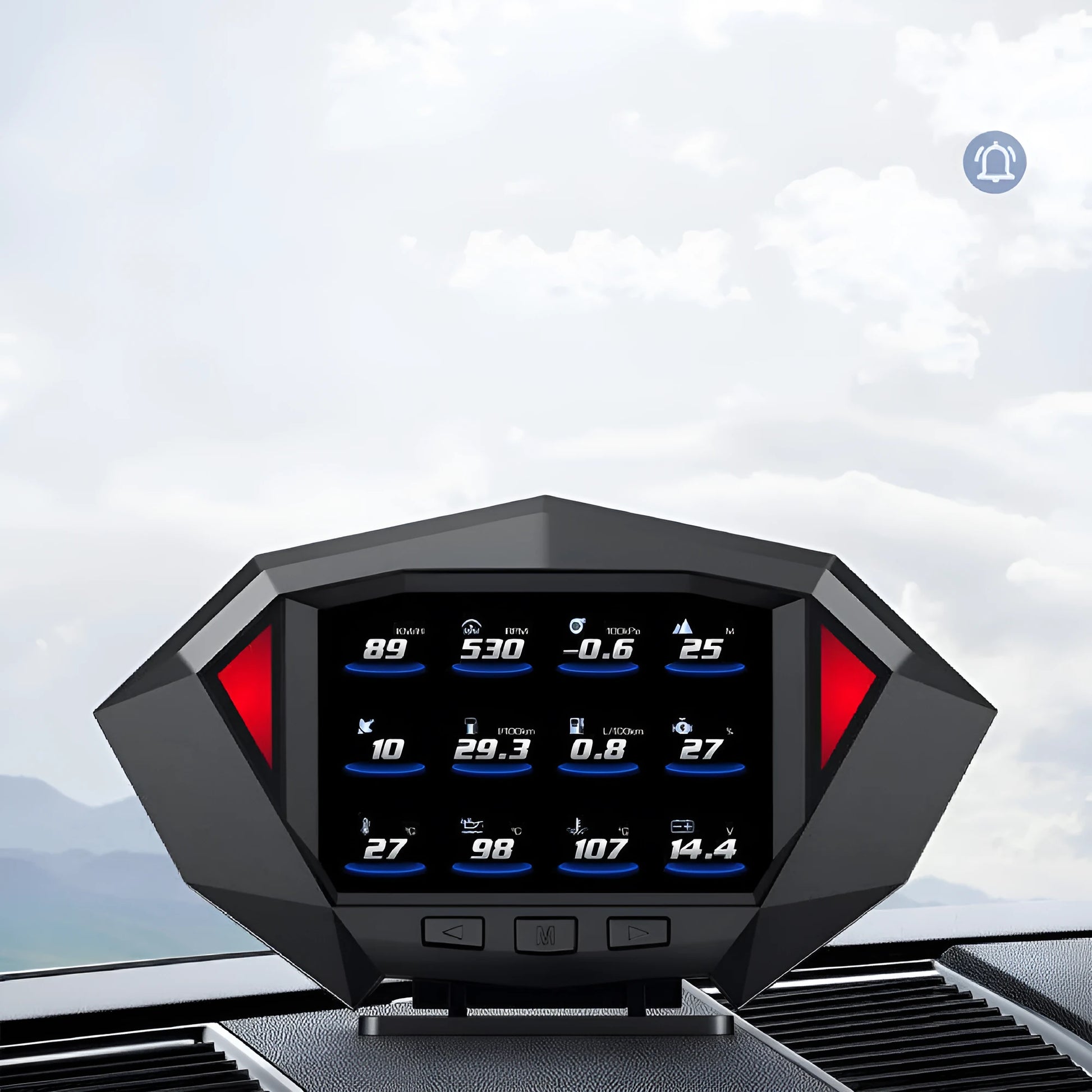 Black HD LCD vehicle HUD display unit with OBD cable on a car dashboard