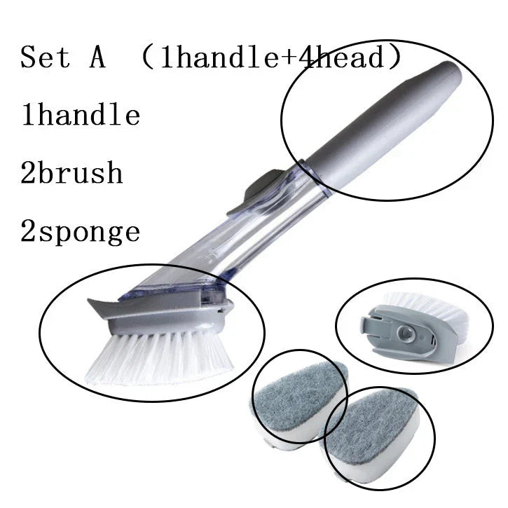 Long-handled kitchen cleaning brush with removable head, designed for efficient and hygienic scrubbing of dishes, bowls, and surfaces.