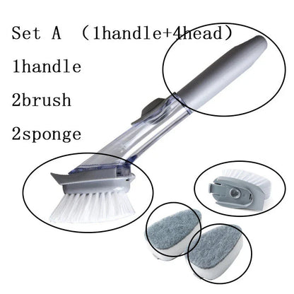 Long-handled kitchen cleaning brush with removable head, designed for efficient and hygienic scrubbing of dishes, bowls, and surfaces.