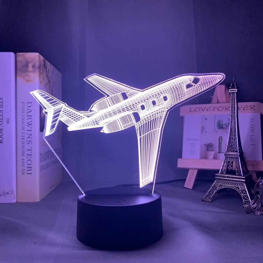 Custom 3D airplane hologram night light with optical acrylic panel and ABS base showing colour-changing illumination