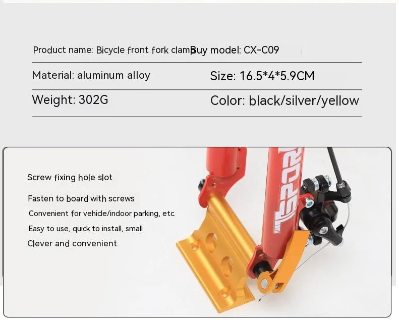 Silver metal quick-release clamp for attaching a bicycle front fork to a vehicle rack.