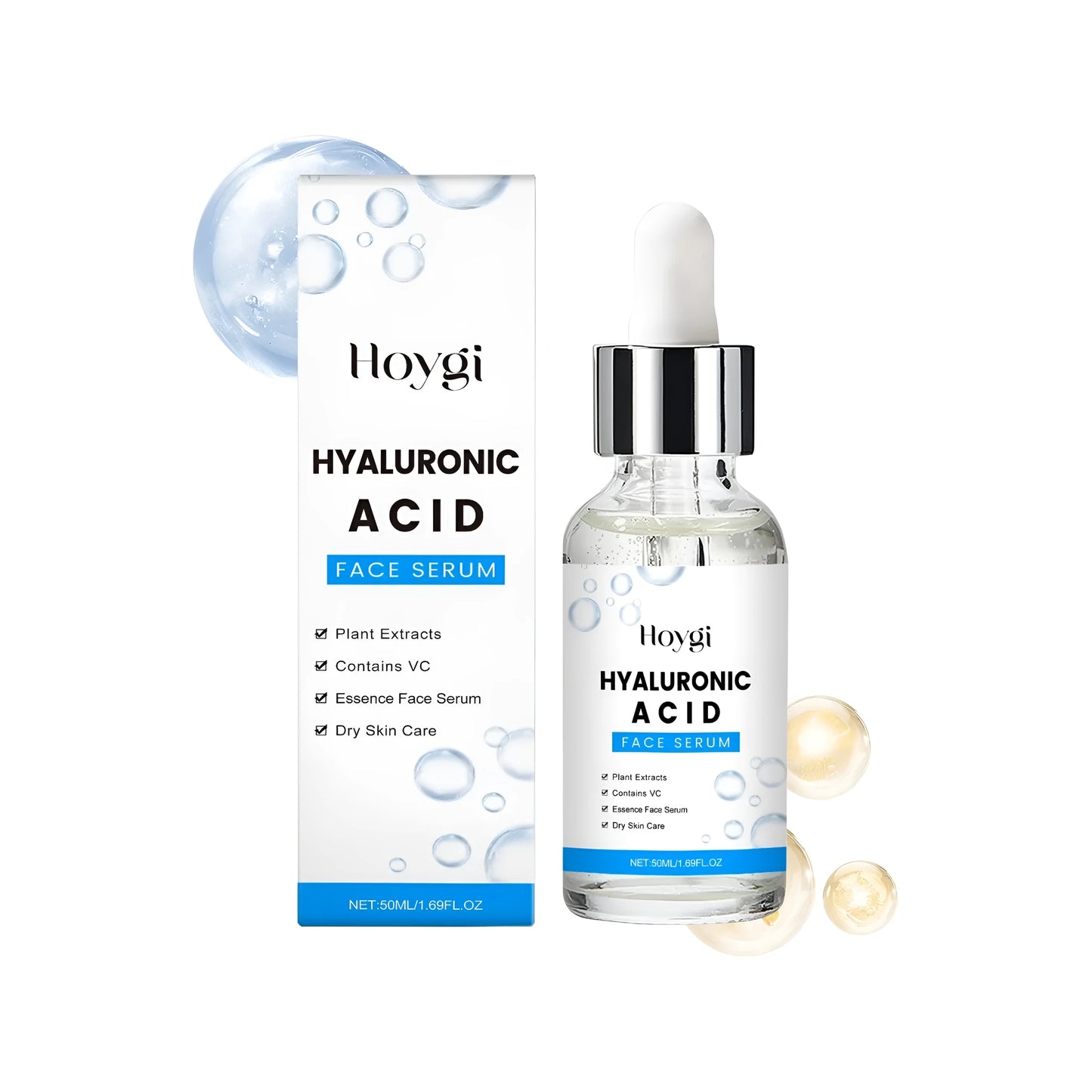 50ml bottle of Hyaluronic Acid and Vitamin C face serum for anti-aging skincare.