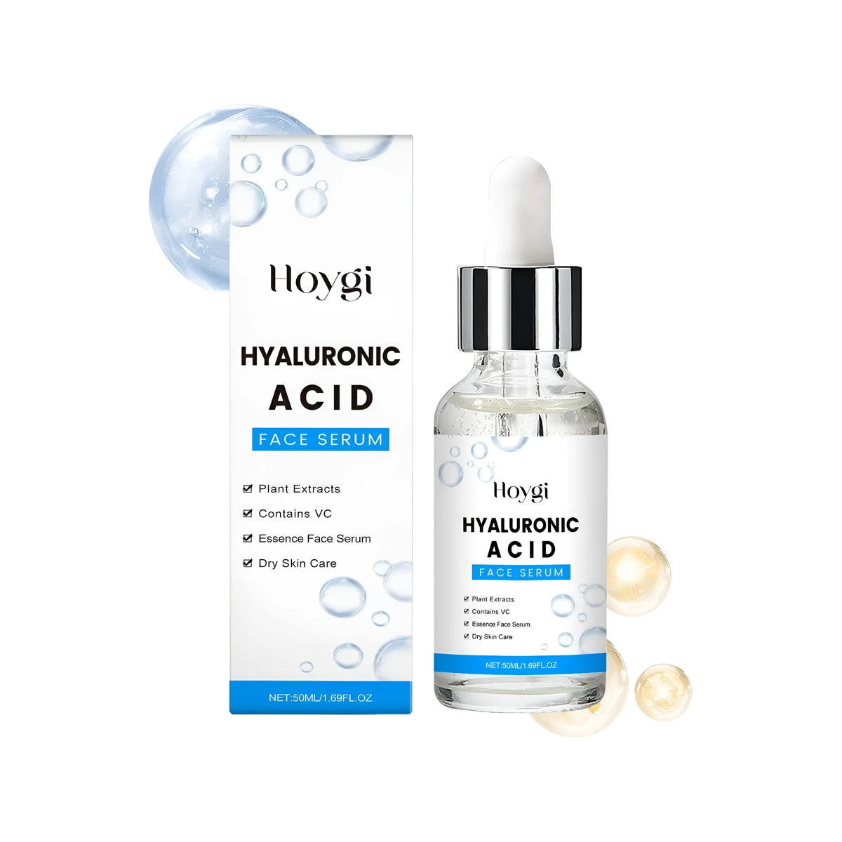 50ml bottle of Hyaluronic Acid and Vitamin C face serum for anti-aging skincare.
