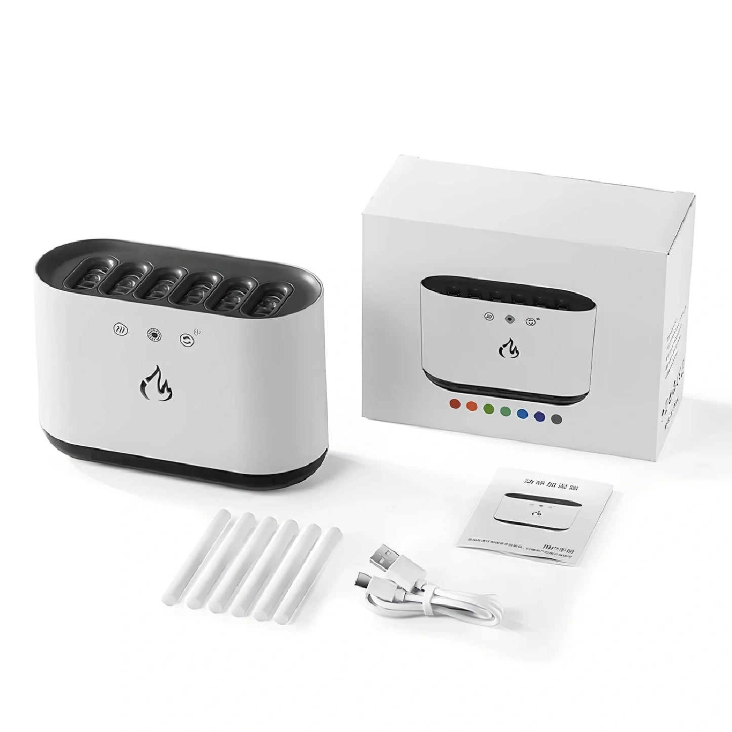 White ultrasonic humidifier with 7-colour LED lights and 360° rotating mist nozzle