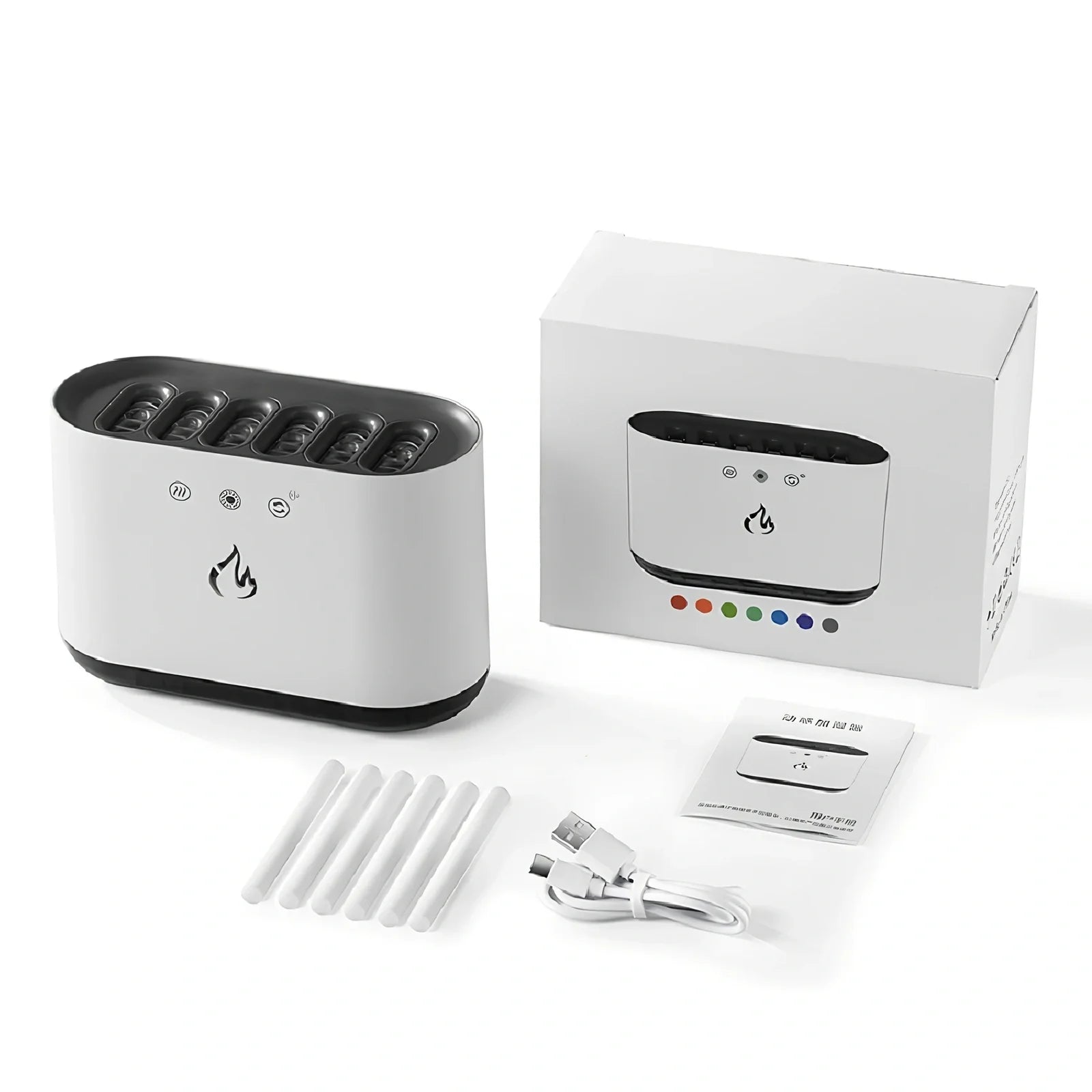 White ultrasonic humidifier with 7-colour LED lights and 360° rotating mist nozzle