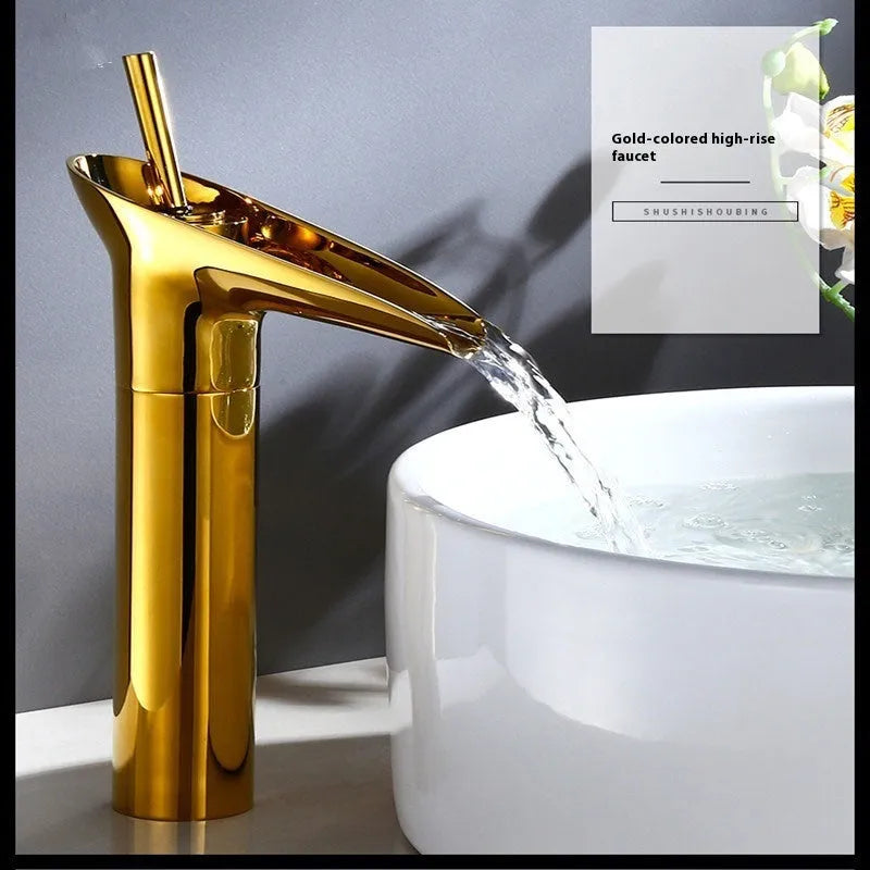 Brass basin faucet with a wine glass shaped spout in a choice of black, gold, or silver finish.