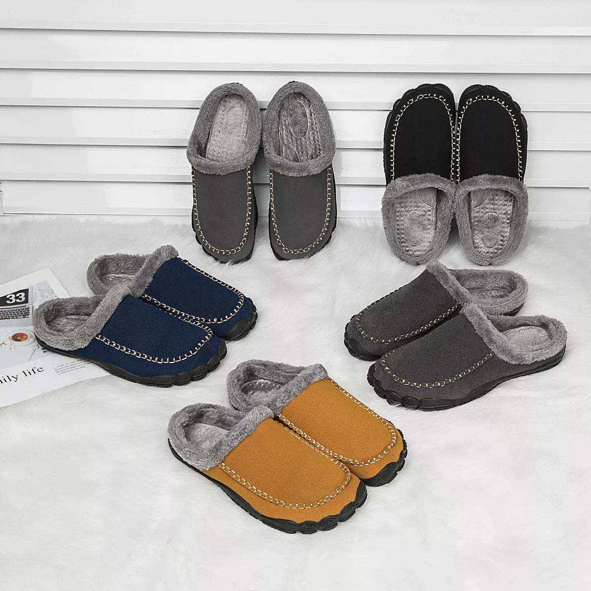 Men's winter slippers with anti-slip rubber outsole and fluffy plush lining in various colors
