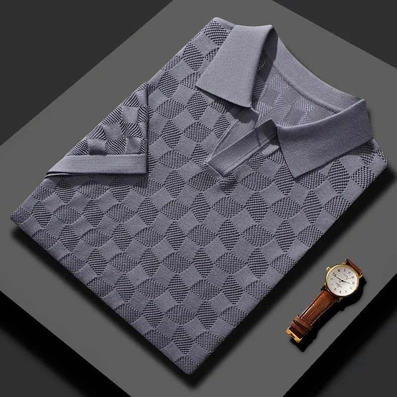 Men's short sleeve lapel sweater in mulberry silk jacquard fabric, solid colour.