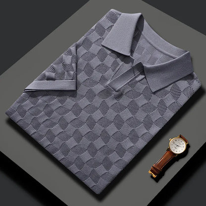 Men's short sleeve lapel sweater in mulberry silk jacquard fabric, solid colour.