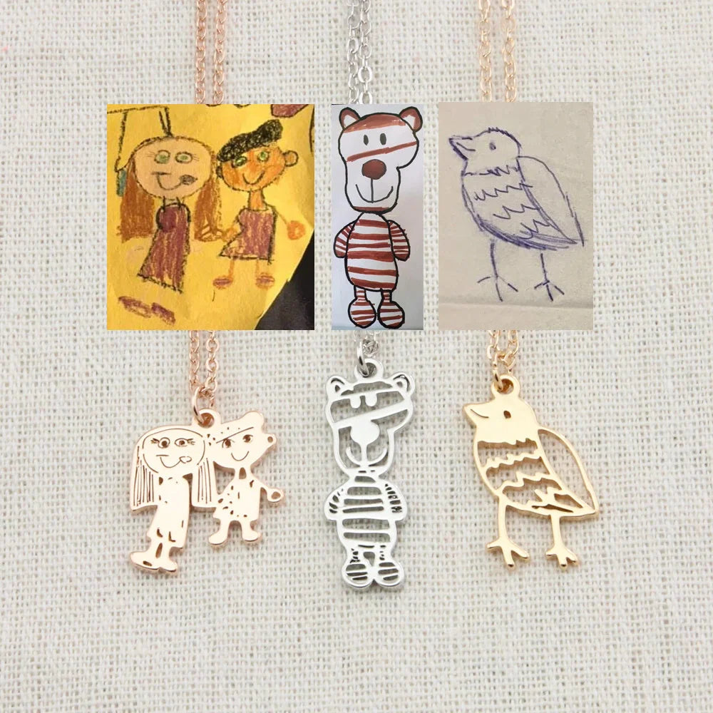 Custom stainless steel kids artwork necklace with personalized pendant