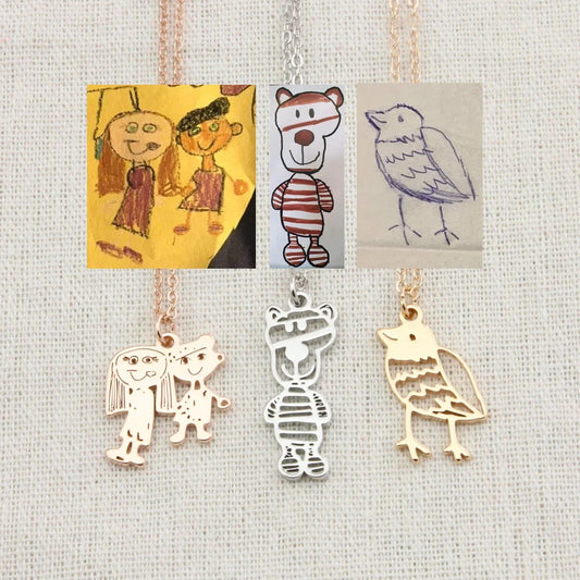 Custom stainless steel kids artwork necklace with personalized pendant