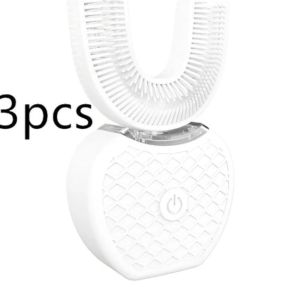 Black ultrasonic electric toothbrush with U-shaped design showing magnetic charging base and USB cable