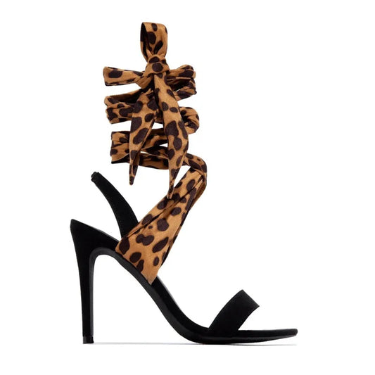 Light brown leopard print high heels with cross straps and 8cm fine heel on rubber sole
