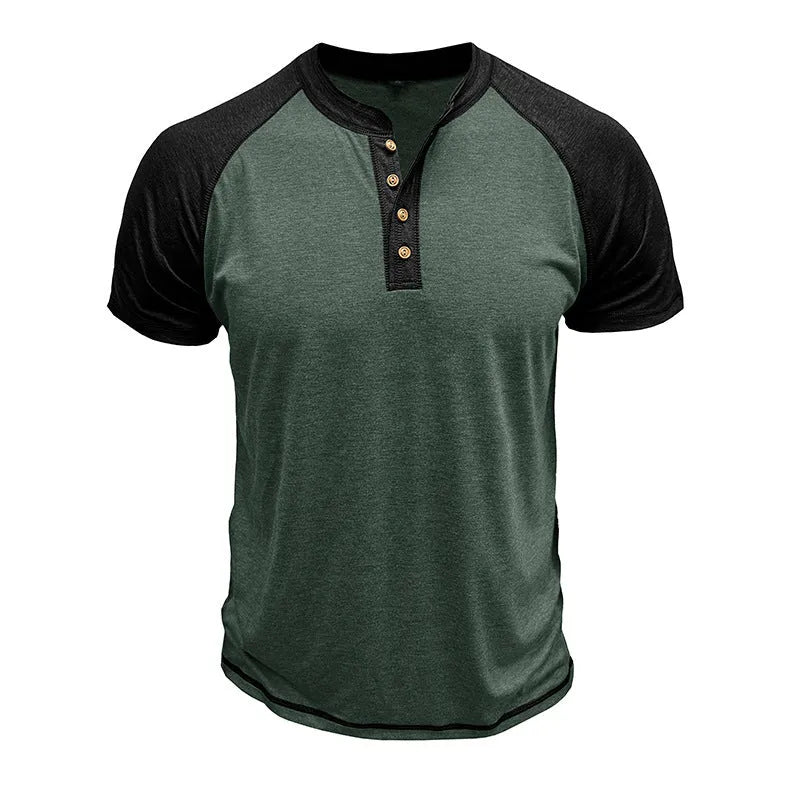 Man wearing a short sleeve colour block pullover with raglan sleeves in a green and khaki combination.
