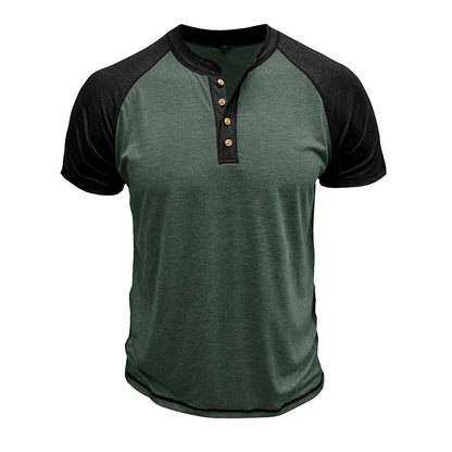 Man wearing a short sleeve colour block pullover with raglan sleeves in a green and khaki combination.