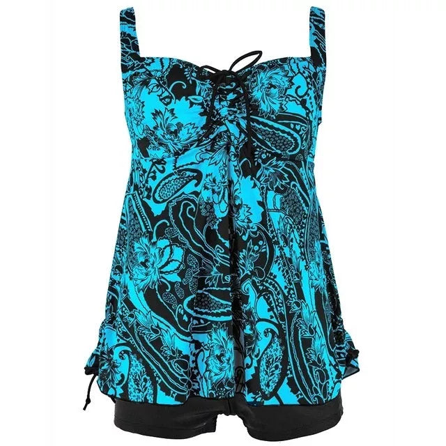 Plus size women's 2-piece swimwear set in leaf green, blue, or red