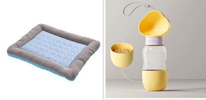 A plush, breathable cooling pet bed in blue and red colors, designed to keep dogs and cats comfortable in the summer heat.