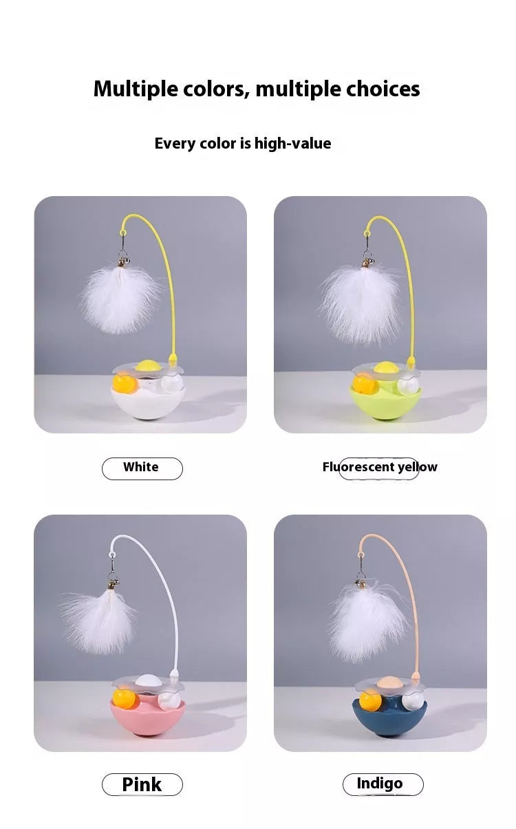 Interactive cat toy with catnip, feather wand, and spinning balls in white, indigo, fluorescent yellow, and pink