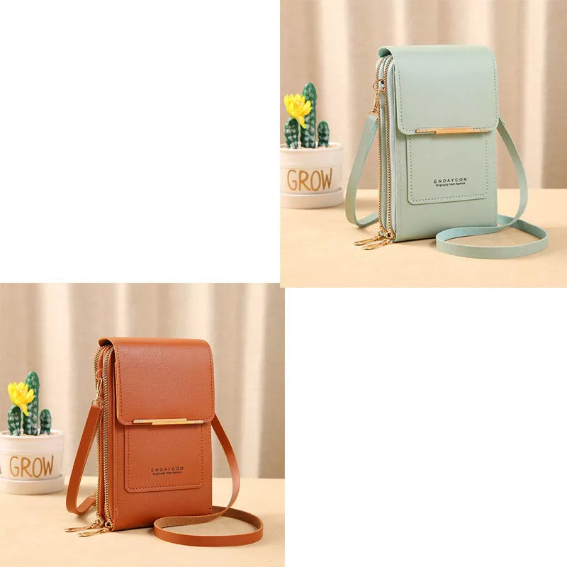 Women's messenger touch screen phone bag in solid colors with diamond decorative elements