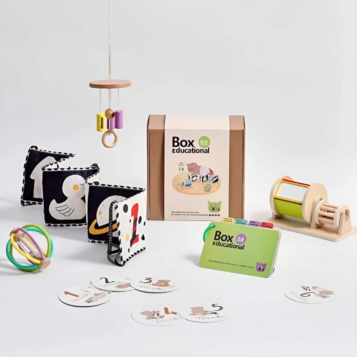 Montessori rattle toy set with black and white cards and ball chime in a colour box for babies 0-18 months