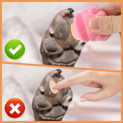 Three small paw-print shaped pet balm brushes with soft heads in plastic storage boxes