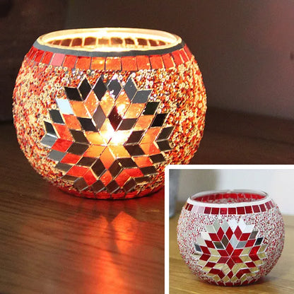Mosaic glass candle holder in vibrant colors with elegant mosaic pattern