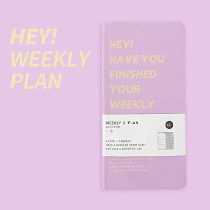 A5 weekly plan diary handbook with 100 sheets, shown in blue, brown, green, and purple colour options.
