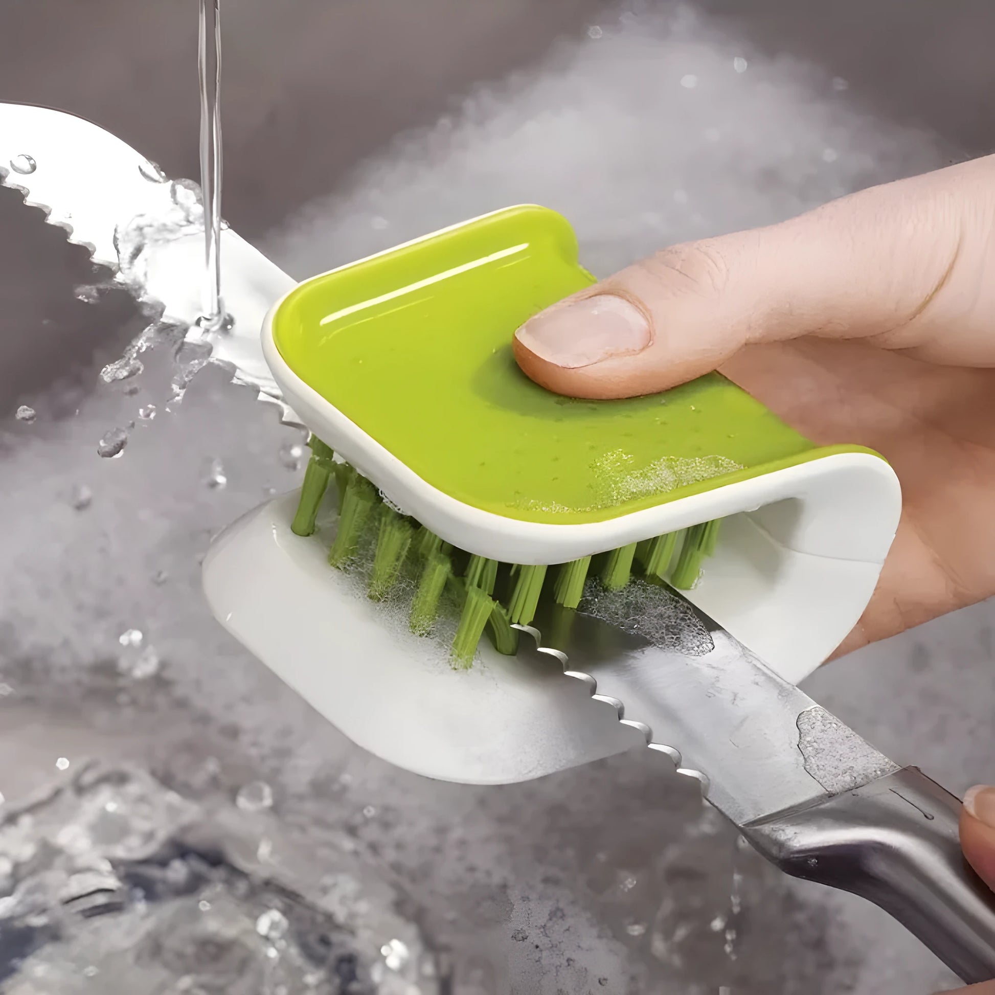 Blue U-shaped knife and cutlery cleaning brush with bristles for kitchen utensil cleaning