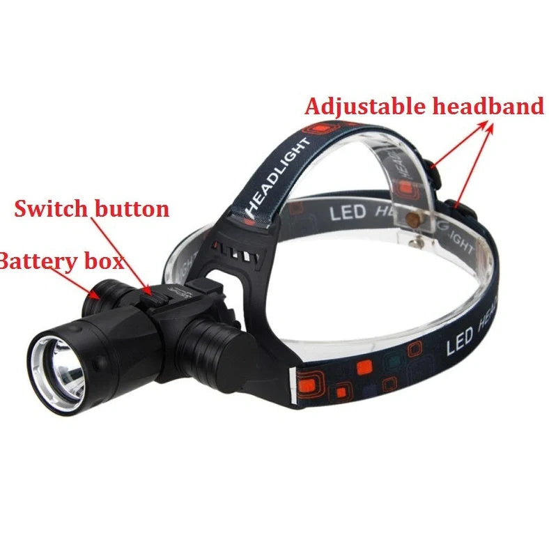 Aluminium alloy diving headlight with elastic headband showing 200-metre irradiation and 80-metre waterproof rating