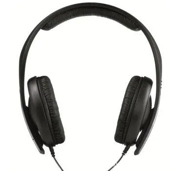 Black head-mounted stereo headphones with microphone and 3.5mm plug